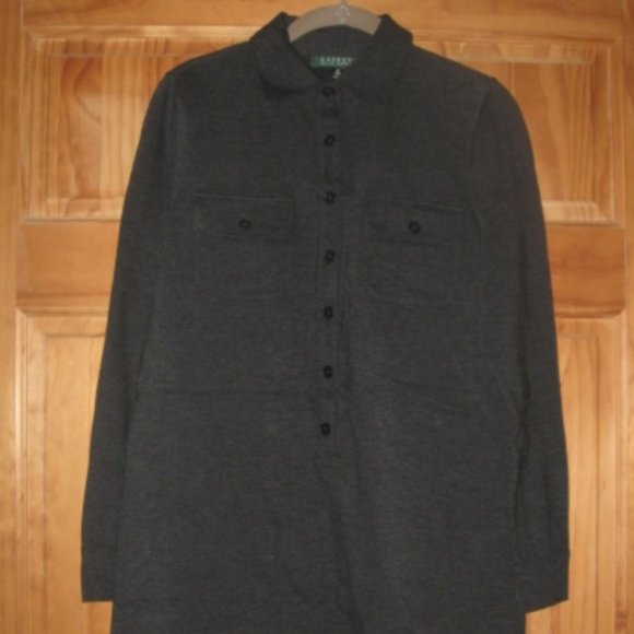 Lauren Ralph Lauren Dark Gray Long Sleeve Button Top Shirt Dress - Picture 1 of 4
